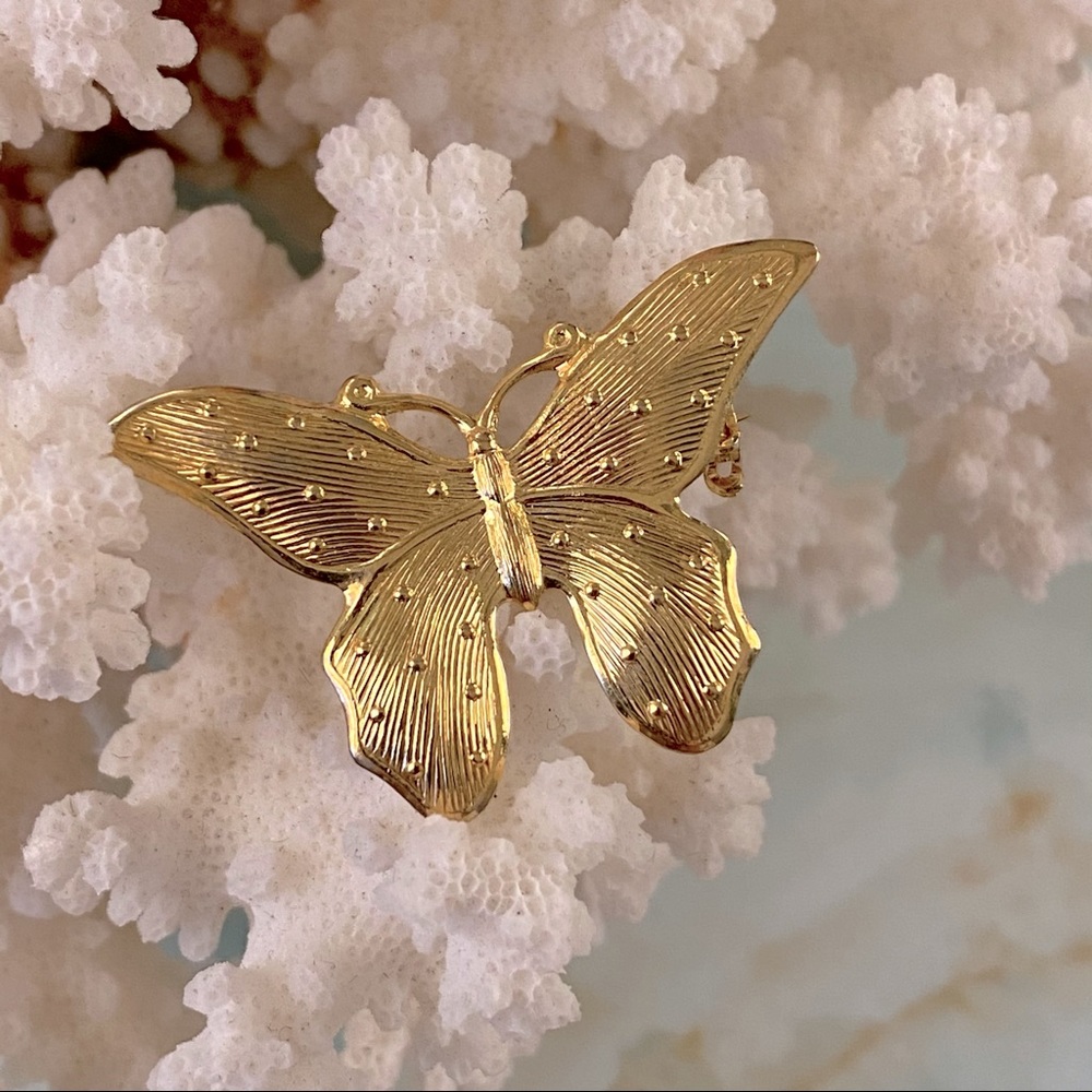 Vintage Gold Tone Repoussé Butterfly Brooch
